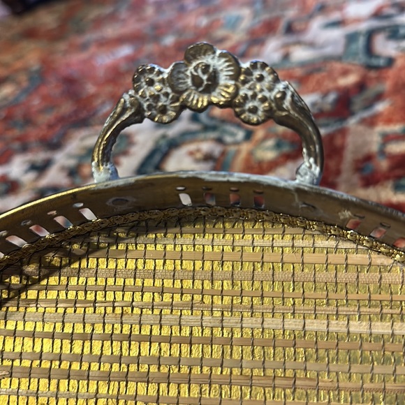 10” Vintage Brass Tray, Lined with Floral Handles - Picture 3 of 4